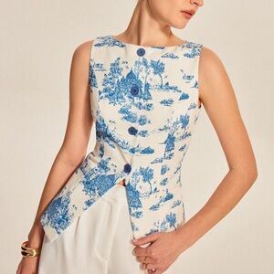 Commense blue white toile button front vest